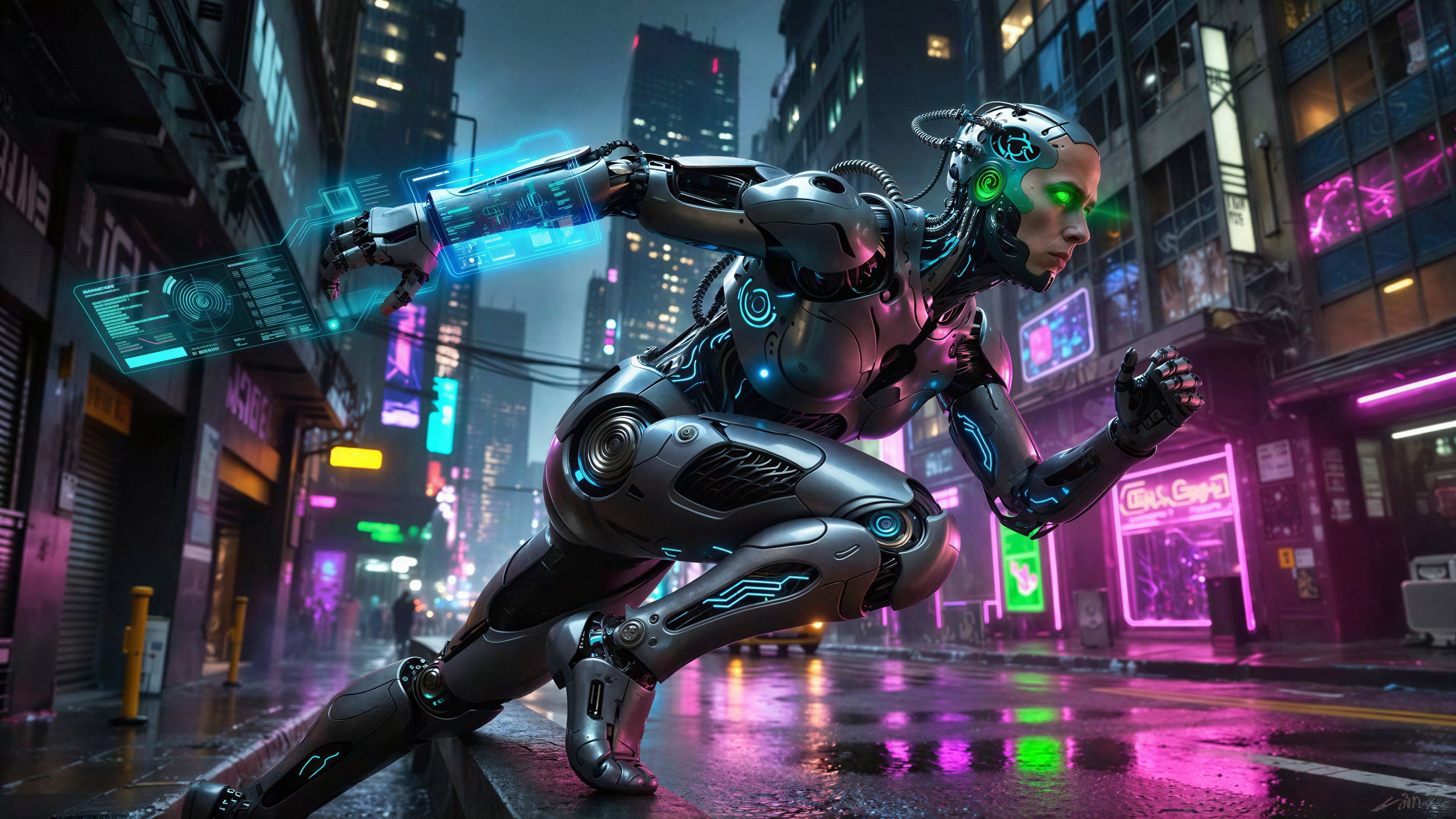 Chrome Android in Neon Cyberpunk Cityscape