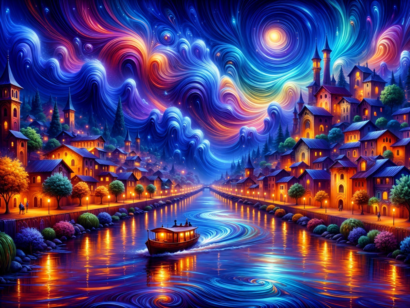 Charming Riverside Town at Night with Vibrant Lights
