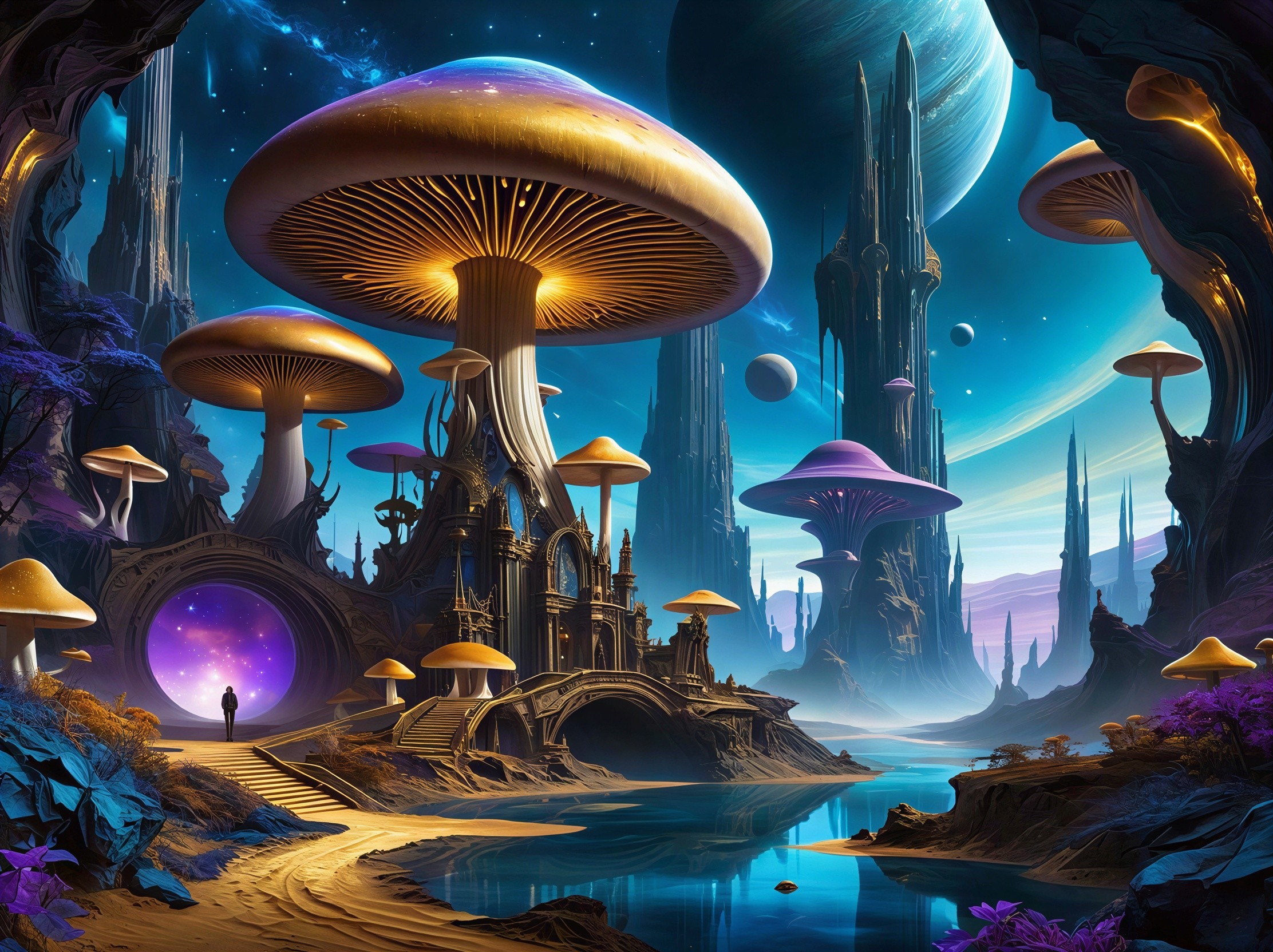 Vibrant Sci-Fi Landscape with Luminous Mushrooms