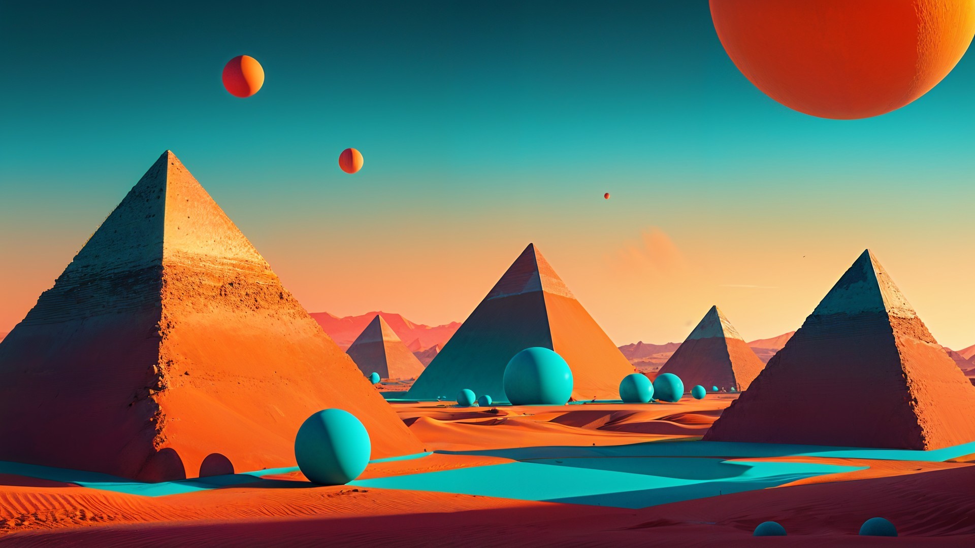 Surreal Desert Landscape with Pyramids and Spheres