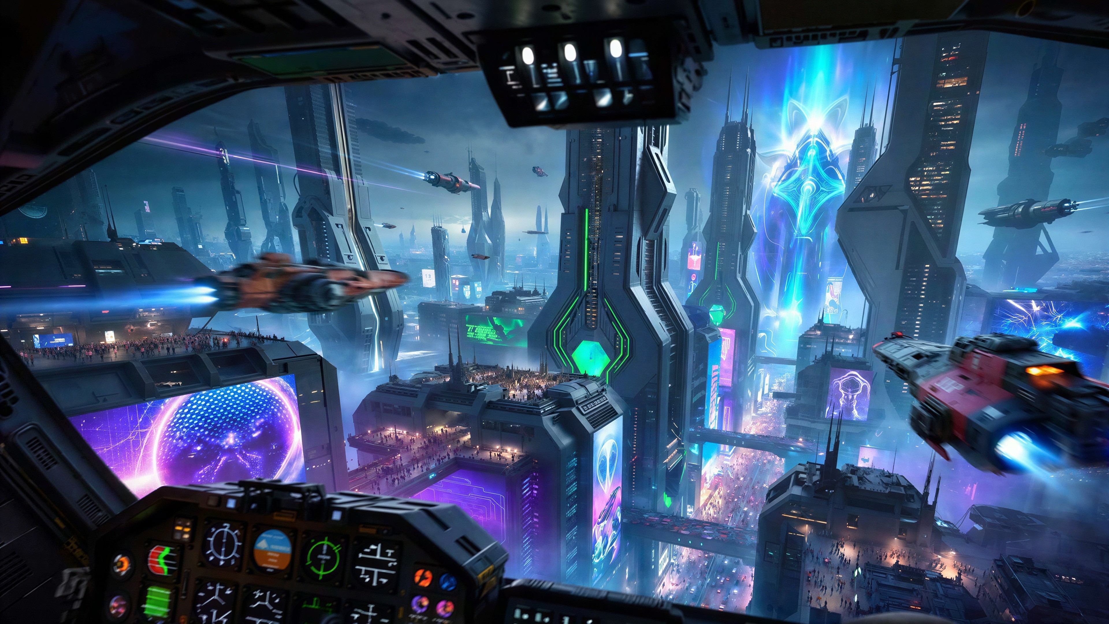 Futuristic city night scene with flying vehicles and lights