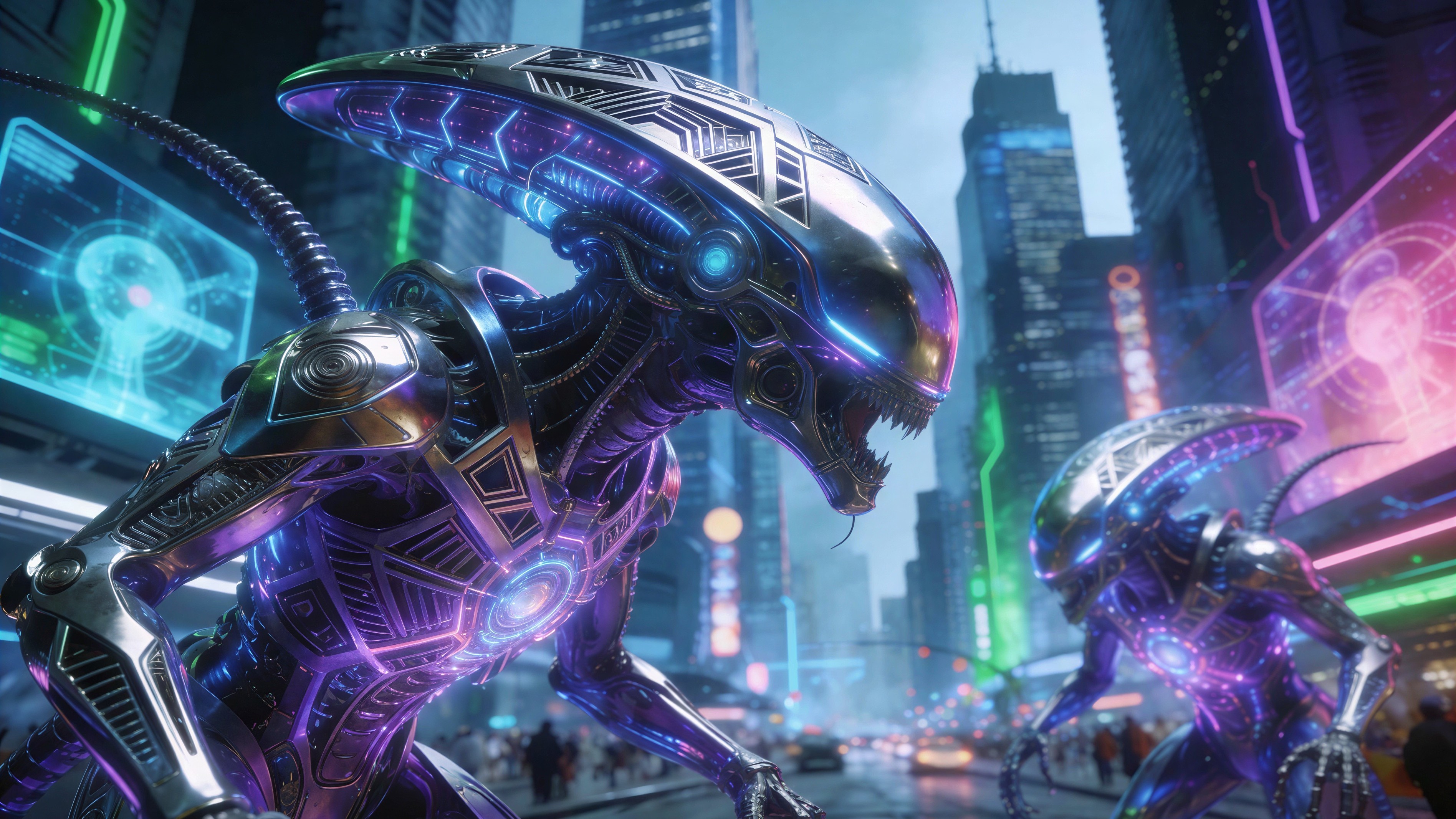 Biomechanical Xenomorph Creatures in Cyberpunk Urban Scene