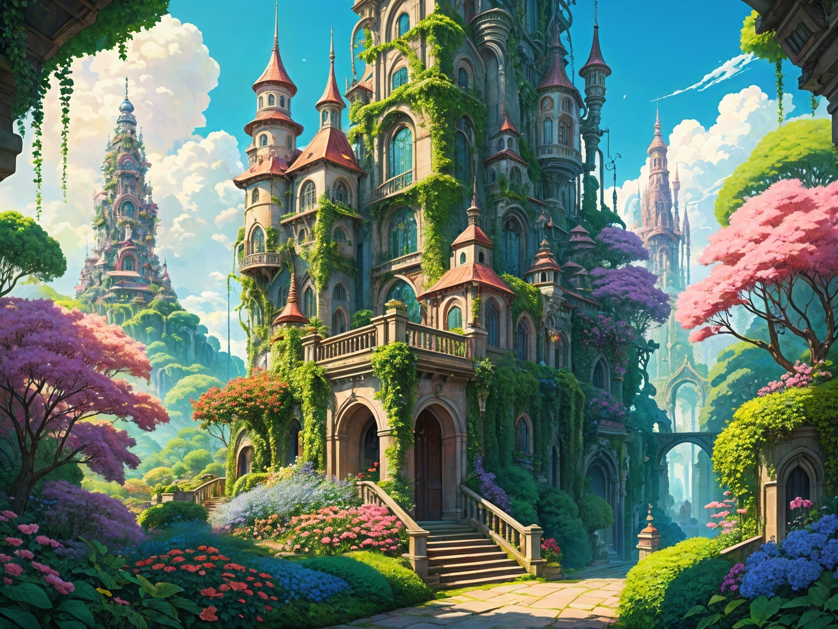 Majestic castle surrounded by vibrant gardens and hills