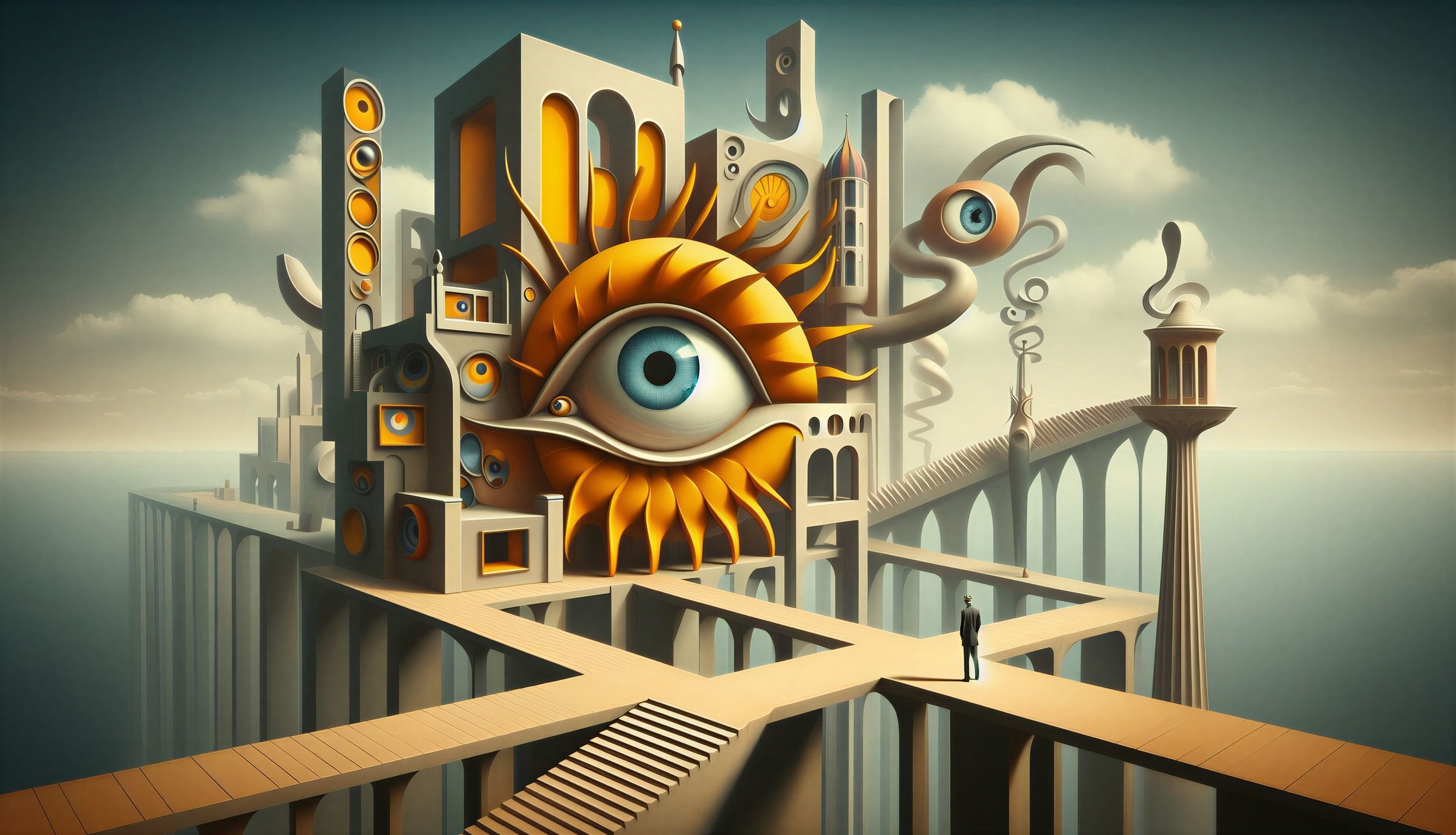 Surreal Landscape with Abstract Building and Eye