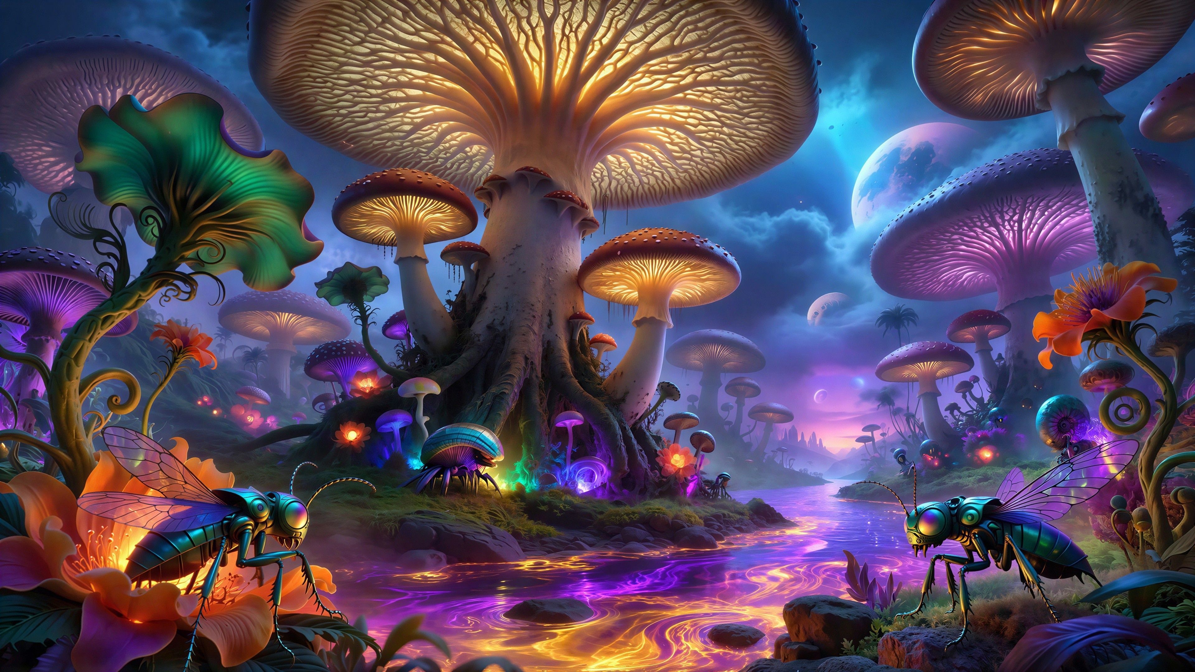 Otherworldly Landscape with Glowing Mushrooms and Creatures