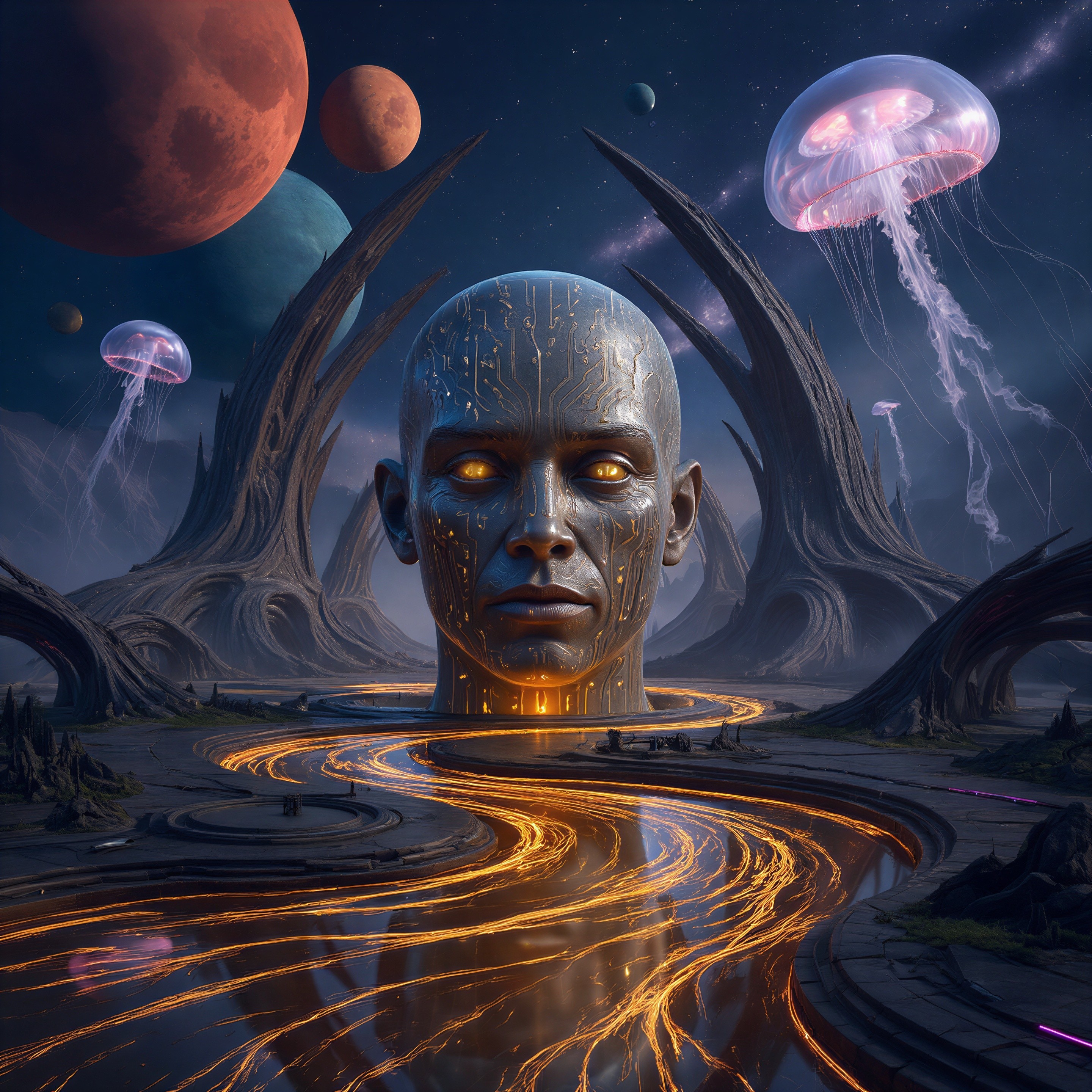 Cybernetic Human Head in Alien Sci-Fi Landscape