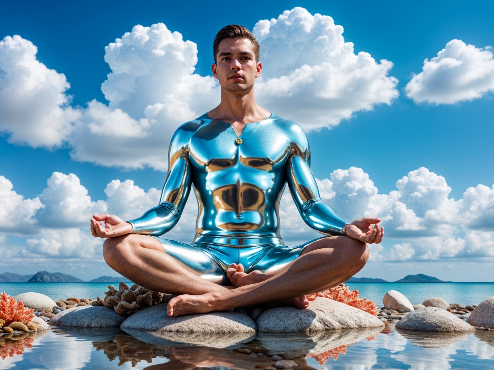Serene Figure in Metallic Bodysuit by Calm Water