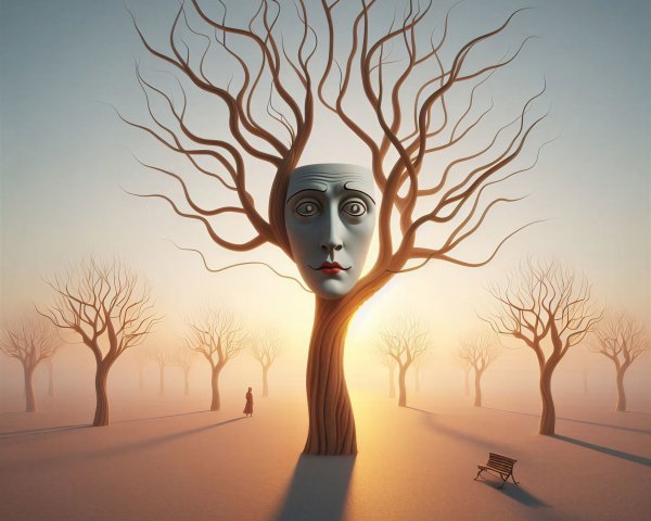 Surreal Landscape with Expressive Head and Bare Trees