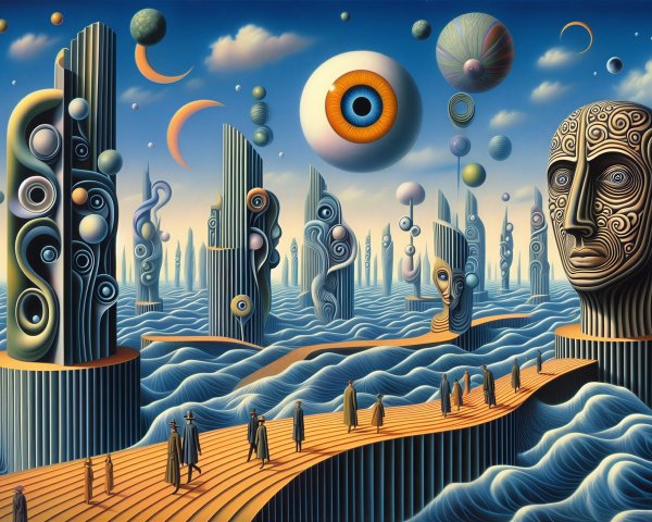 Surreal Landscape with Futuristic Structures and Waves