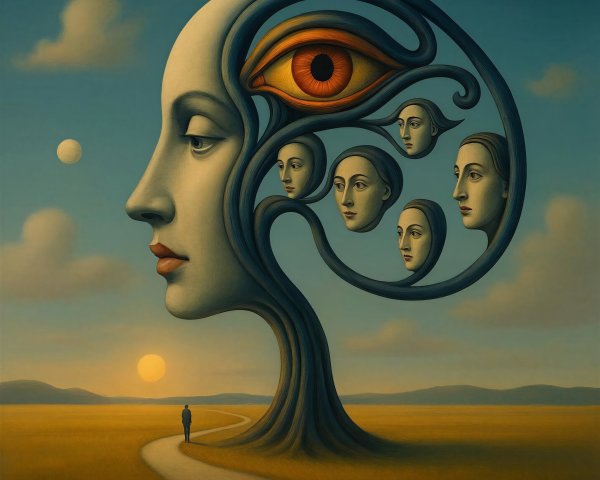 Surreal Landscape with Tree Branch Faces and Sunset