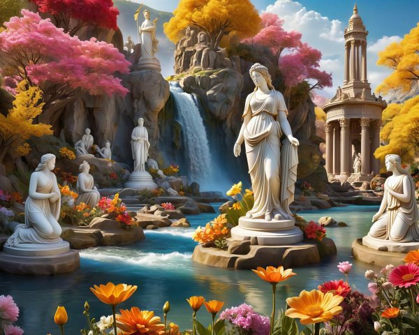 Elegant Ancient Greek Garden with Marble Statues