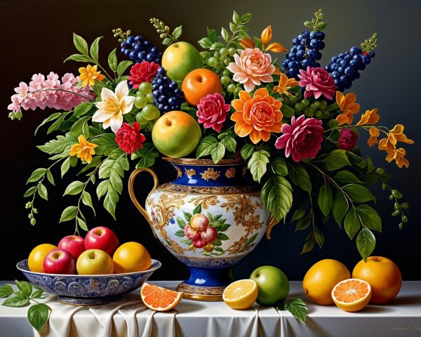 Vibrant Still Life with Flowers and Colorful Fruits