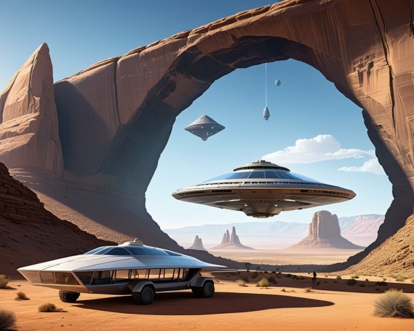 Desert Landscape with Futuristic Spacecraft and Arch