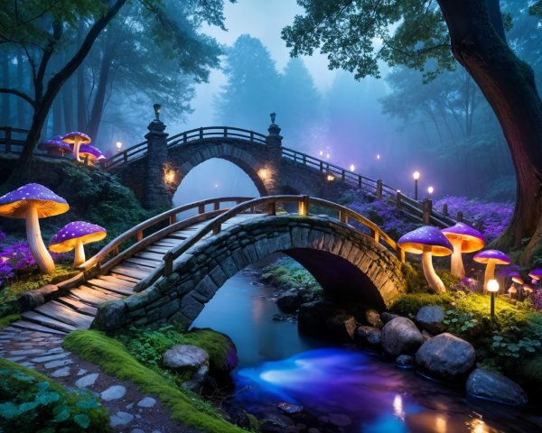 Twilight Landscape with Stone Bridge and Glowing Mushrooms