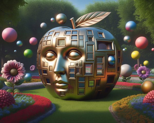 Metallic Apple Sculpture in a Colorful Garden Setting