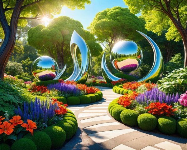 Vibrant garden with colorful flowers and sculptures