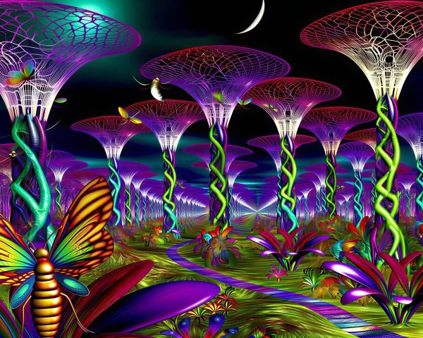 Surreal Twilight Landscape with Colorful Butterflies