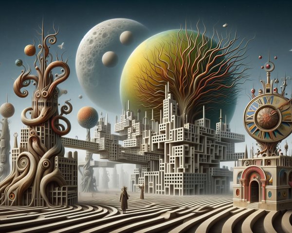 Surrealist Landscape with Unique Architecture and Sky