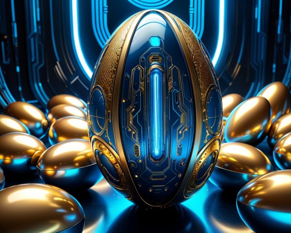 Futuristic Metallic Egg Among Golden Eggs in Sci-Fi Setting