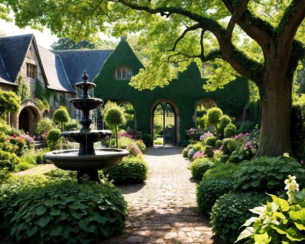 Serene Garden Scene with Stone Path and Fountain