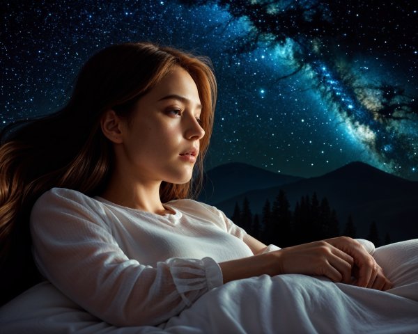 Young Woman Contemplating Starry Night Sky Scene