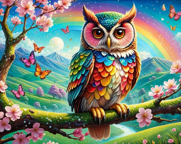 Vibrant Owl Among Cherry Blossoms and Rolling Hills