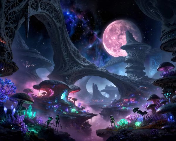 Vibrant Alien World with Bioluminescent Flora and Fauna