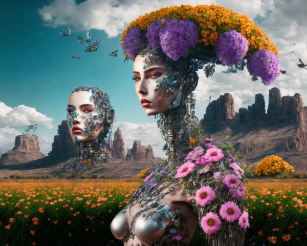 Robotic Figures with Flowers in a Colorful Landscape