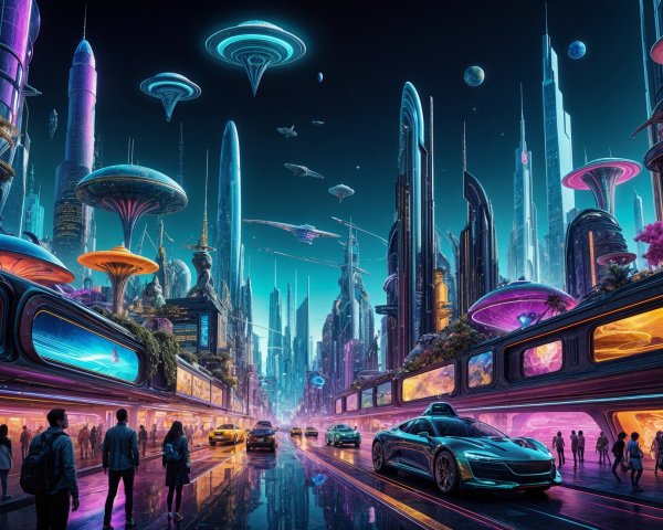 Futuristic cityscape with neon lights and greenery