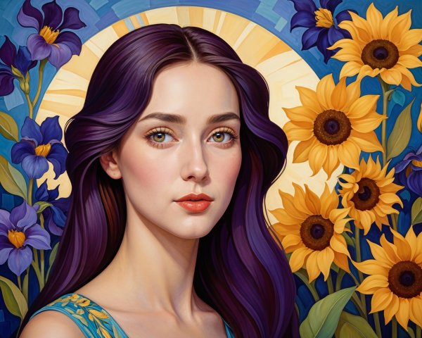 Portrait of a Young Woman with Purple Hair and Flowers