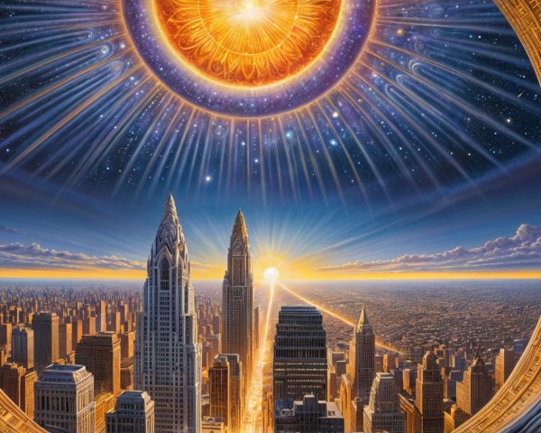 Golden Cityscape with Skyscrapers and Cosmic Sky