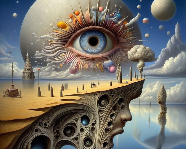 Surreal Landscape with Cosmic Elements and Watchful Eye