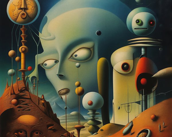 Surrealist Painting of Alien Face in Barren Landscape