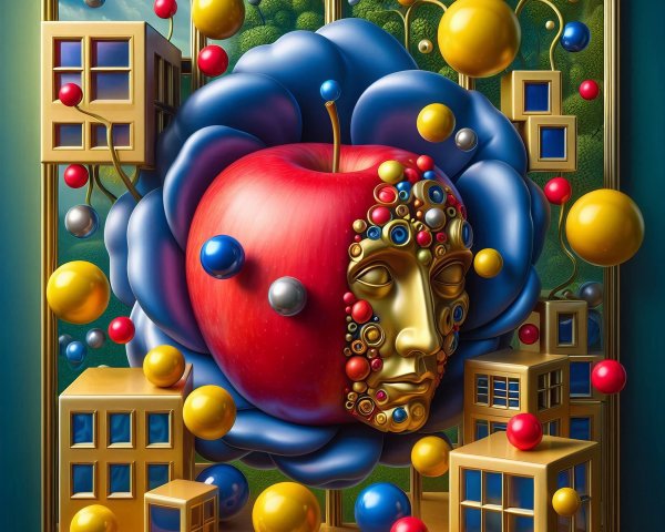 Surreal Artwork of Red Apple with Blue Flower and Shapes