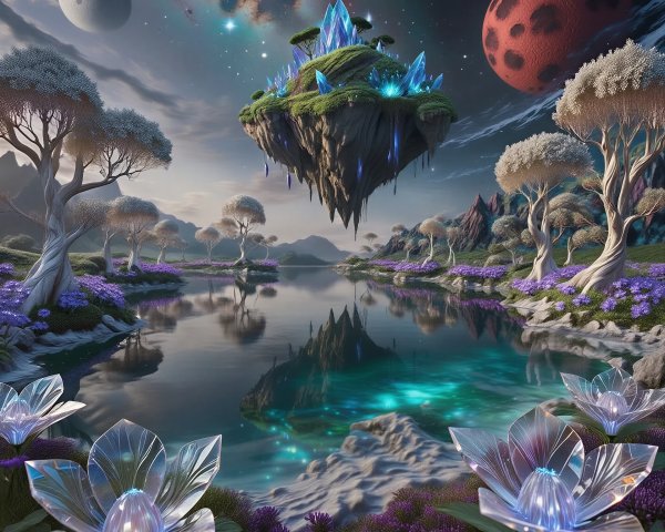 Alien Fantasy Landscape with Floating Island and Crystals