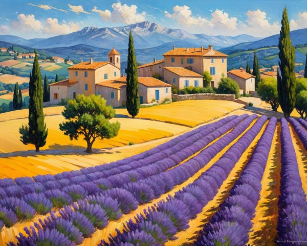 Lavender Fields and Countryside Villa Landscape