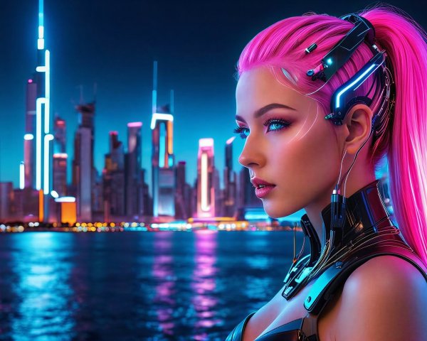 Cyberpunk Woman with Pink Hair in Neon Cityscape