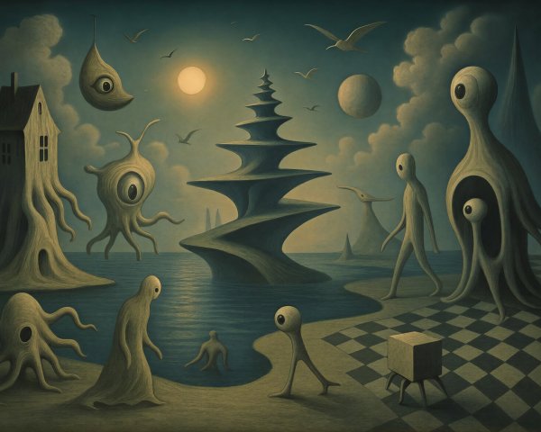 Surreal Painting of Water, Moon, and Unusual Creatures