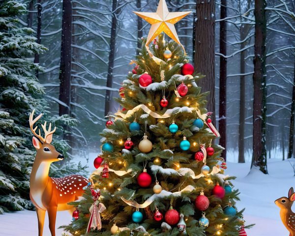 Christmas Tree in Snowy Forest with Reindeer Figure
