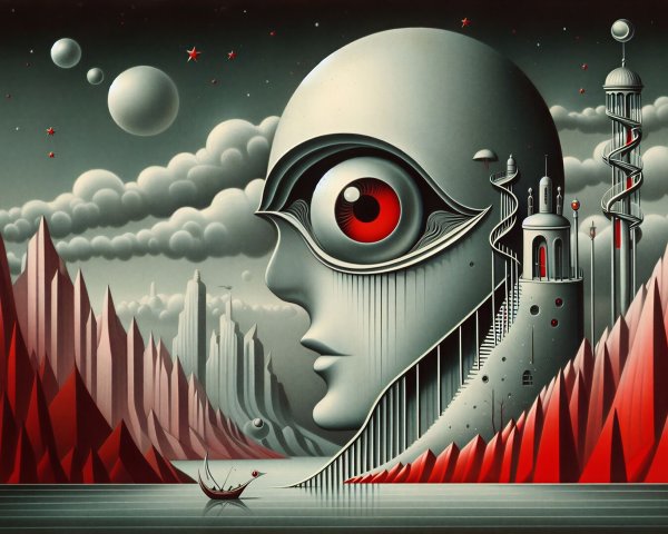 Surreal Landscape with Giant Face and Red Mountains