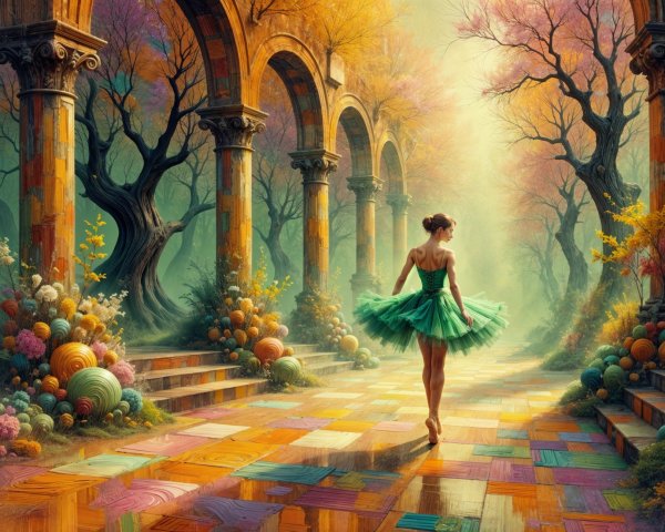 Dancer in Green Tutu Amidst Colorful Mosaic Pathway