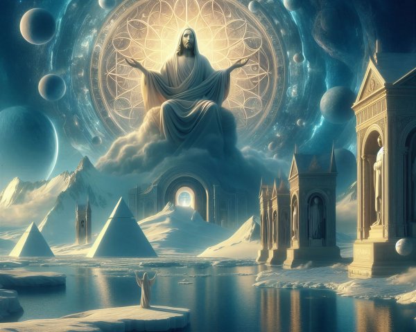 Majestic Figure in Ethereal Landscape with Temples