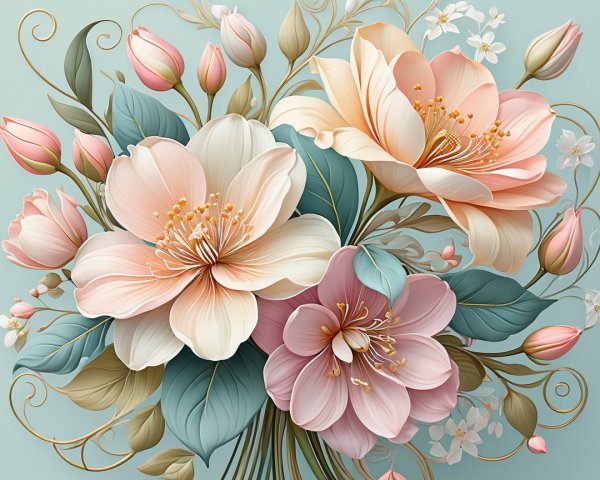 Pastel Bouquet with Delicate Flowers and Green Leaves