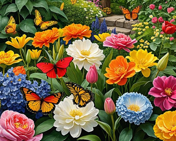 Vibrant Garden with Colorful Flowers and Butterflies