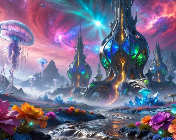 Surreal Alien Landscape with Vibrant Flora and Structures