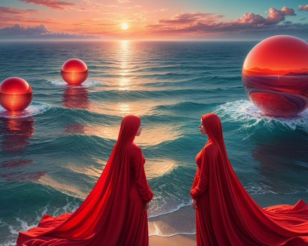 Surreal Landscape with Figures and Reflective Spheres
