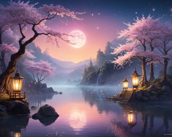 Tranquil Lake and Cherry Blossoms Under Full Moon