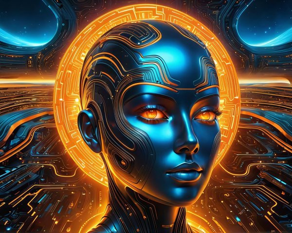 Futuristic Woman's Robot Face in Metallic Blue Setting