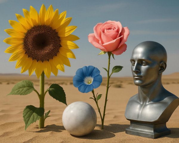 Desert Scene with Flowers and Reflective Bust