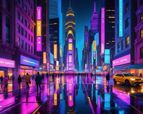 Vibrant Cyberpunk Nighttime Cityscape with Rain